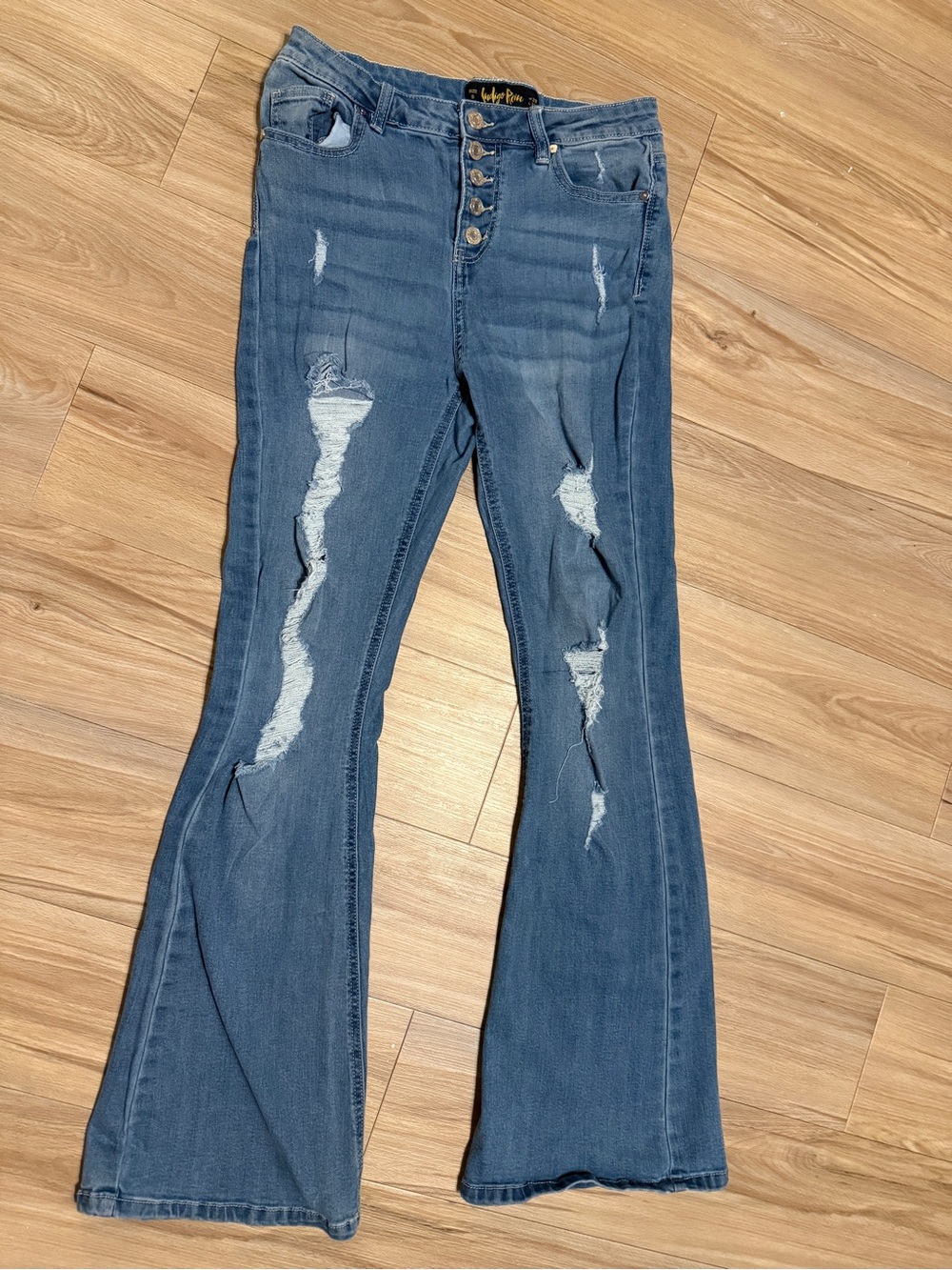 Indigo Blue Distressed Button-Front Flare Jeans - Blue